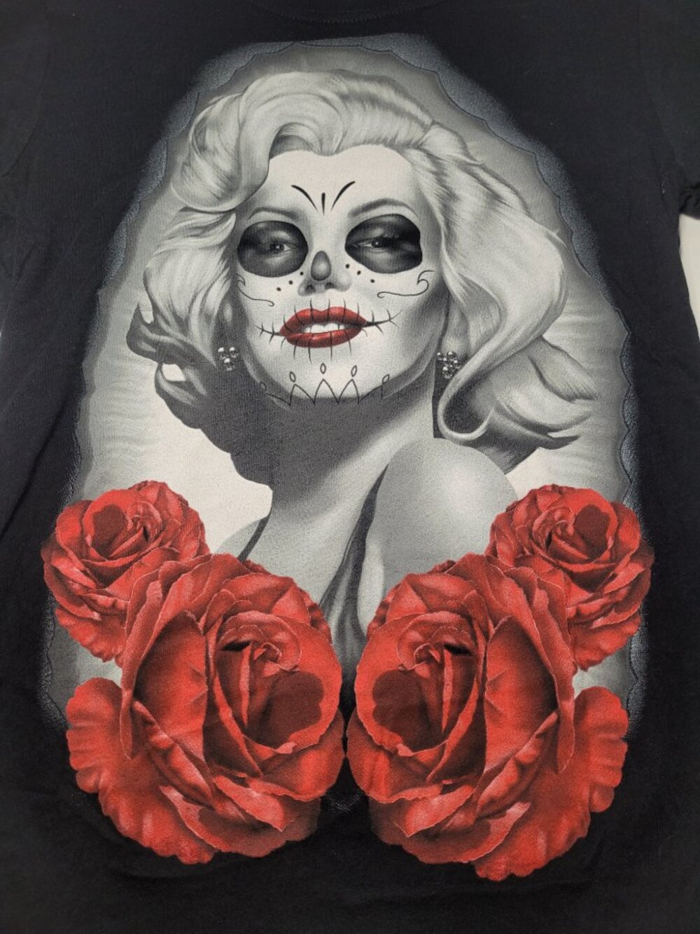 Marilyn Monroe Day of the Dead Sugar Skull T Shirt Red Rose Tattoo Style Medium - Picture 4 of 8